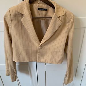 Nastygal cream cropped pinstriped blazer